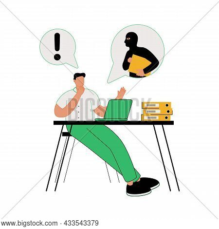 Online Crime Concept Illustration, Online Social Media Fraud. A Swindler And A Thief Are Working At 