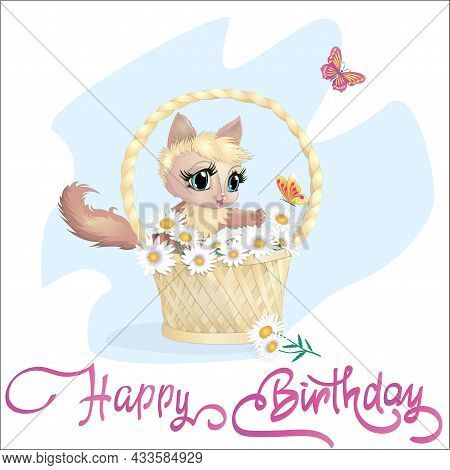 Cat In A Basket For Birthday Greeting Card.