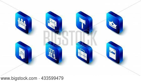 Set Envelope, Judge Gavel, Police Cap With Cockade, Law Book, Briefcase, Office Folders, Oath On The