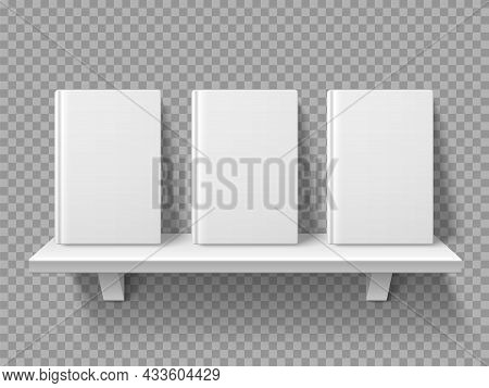 Bookshelf Books. Realistic Book Volumes Stand On Shelf, Blank Mockup, Bookstore Front Presentation, 
