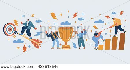 Vector Illustration Of Success People. Man Fly On Arrow To Garget. Team With Thropy Gold Cup, Man He