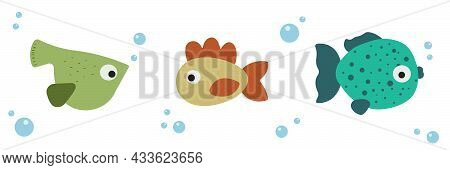 Set With Three Cartoon Fish And Qater Bubbles