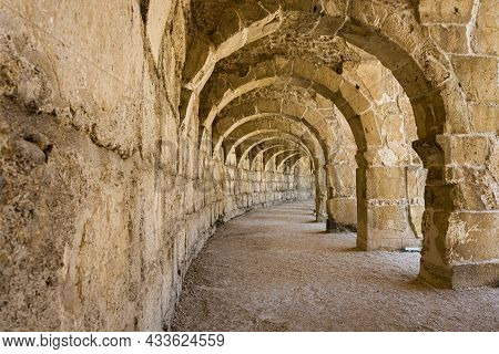 The Columned Gallery Above The Auditorium-theatre In The Ancient Roman Theater Of Aspendos.