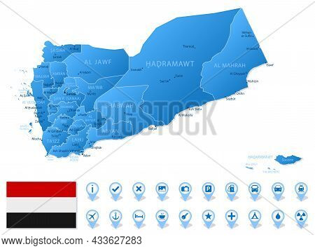 Blue Map Of Yemen Administrative Divisions With Travel Infographic Icons. Vector Illustration