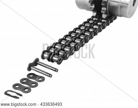 Chain And Sprocket Of A Machine On A White Background