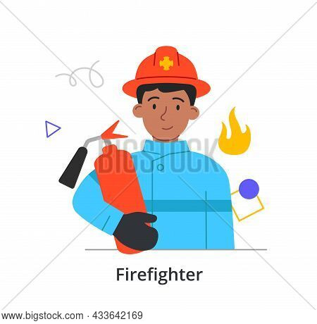 Young Male Character Is Enjoing Working As A Firefighter On White Background. Concept Of People Atte