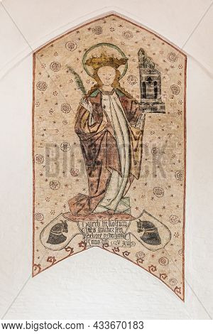 St. Barbara With Her Tower, An Ancient Painting In Haderslev Cathedral, Denmark, August 26, 2021