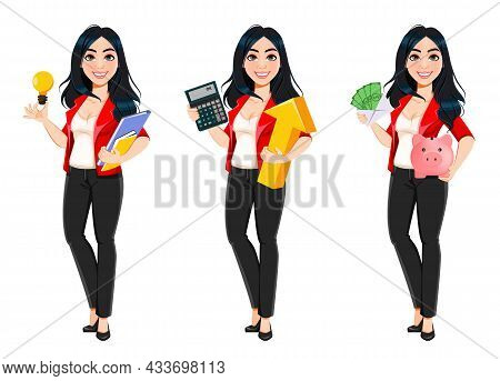 Business Woman, Manager, Banker, Beautiful Successful Girl, Set Of Three Poses. Businesswoman Cartoo