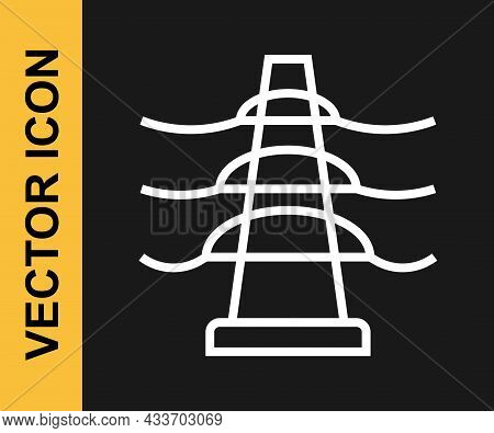 White Line Electric Tower Used To Support An Overhead Power Line Icon Isolated On Black Background. 