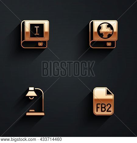 Set Book, Earth Globe And Book, Table Lamp And Fb2 File Icon With Long Shadow. Vector