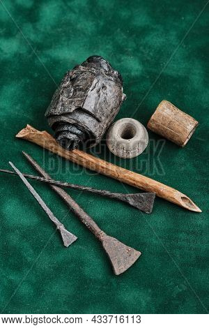 Ancient Writing. Iron And Bone Stylos. Birch Bark Manuscript, Clay Spindle Whorl, Ancient Bone Produ