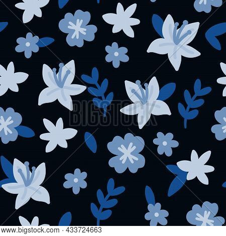 Cute Vector Seamless Pattern With Cartoon Flowers. It Can Be Used As Wallpaper, Poster, Print For Cl