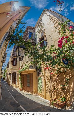 Rethymno, Crete Island, Greece - June 20, 2021: Small Street And Typical Houses Located On The Pictu