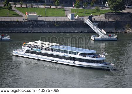 Koblenz, Germany - 09 06 2021: Ship Leaving Old Town