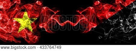 Vietnam, Vietnamese Vs Anarchist, Anarcho, Syndicalist, Communist, Socialist Smoke Flags Side By Sid