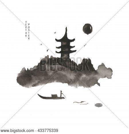 Japanese House On A Mountain In The Light Of The Moon Or Sun. The Boatman Floats. Vector Illustratio