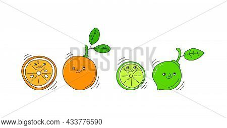 Orange And Lime Fruit With Smile On White Background. Whole Citrus Fetus And Its Half. Cartoon Sketc