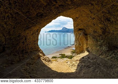 Sea View From A Small Cave On The Slope Of The Coastal Mountain Aeolian Harp. Cape Alchak, Sudak, Cr
