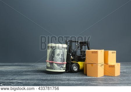Forklift With Money Dollar Roll And Boxes. Profit From Selling Goods, Trade Income. Transport Busine