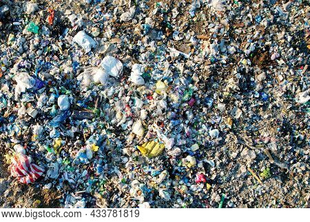 Garbage Dump With Plastic Bags And Food Waste. Recycling Of Waste On Junk Yard. Dispose The Rubbish 