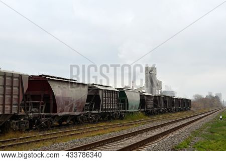 Railroad Cars At Cement Manufacturing Plant. Ready-mix And Building Materials. End Products Being Sh