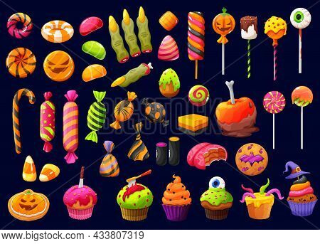 Halloween Cartoon Candies And Lollipops With Witch Fingers, Candy Corn And Pumpkin Cupcakes, Vector.