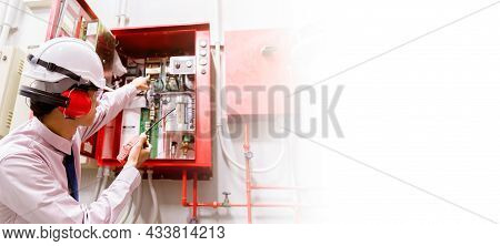 Engineer Checking Industrial Fire Control System,fire Alarm Controller, Fire Notifier, Anti Fire.sys