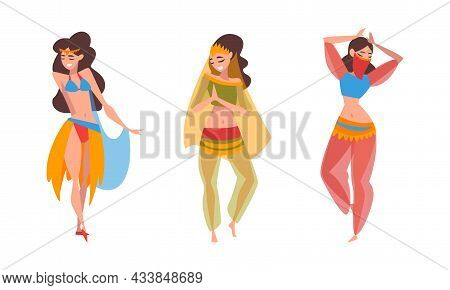 Beautiful Eastern Woman Dancing Belly Dance Vector Set