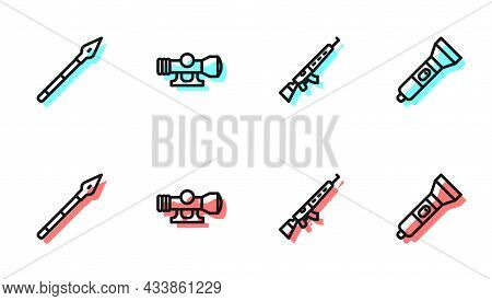 Set Line Sniper Rifle With Scope, Medieval Spear, Optical Sight And Flashlight Icon. Vector