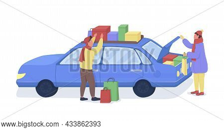 Men Loaing Bags On Car Semi Flat Color Vector Characters. Shopper Figures. Full Body People On White
