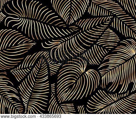 Golden Tropical Pattern, Split-leaf Philodendron Plant With Monstera Plant Line Arts Vector