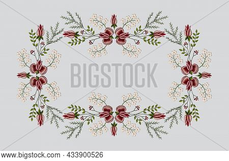 Pattern Of A Frame For Embroidery Of A Tablecloth With Borders Of Twigs With Rosebuds, Delicate Whit
