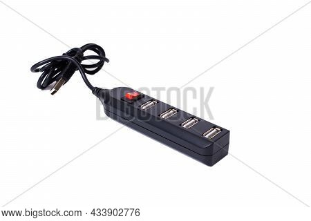 Black Usb Hub Isolated On White Background Close Up