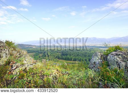 Stones Overgrown With Moss In The Altai Mountains Under The Blue Morning Sky. Siberia, Russia