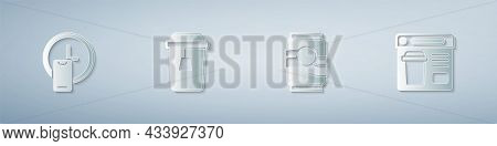Set Round The Clock Delivery, Cup Of Tea, Soda Can And Online Ordering Food. Paper Art Style. Vector