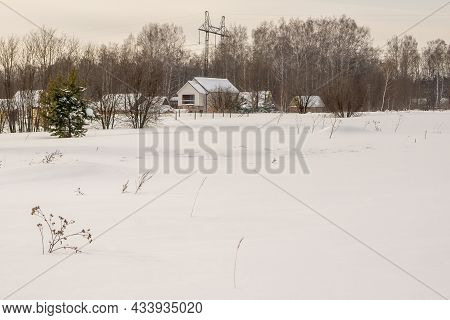 Outskirts Of The Village In Winterthe Outskirts Of A Rural Settlement Near A Forest In Winter, Trace
