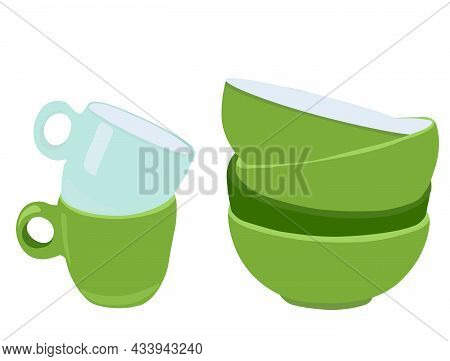Green Cups And Plates Vector Stock Illustration. A Mountain Of Clean Dishes. A Design Element For A 