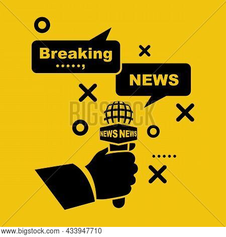 Breaking News Template. Journalist In Hand Holding Microphone. Template Live News. Concept Interview