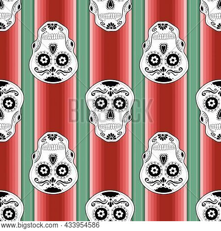 Day Of The Dead Seamless Pattern, Serape Mexican Blanket Background. Sugar Skull Vector. Dia De Los 