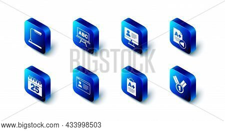 Set Chalkboard, Online Class, Exam Sheet With A Plus Grade, Medal, Calendar And Table Lamp Icon. Vec