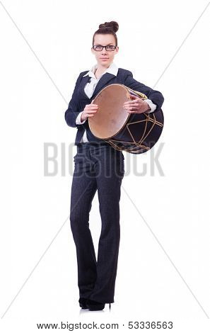 Funny businesswoman with drum isolated on white