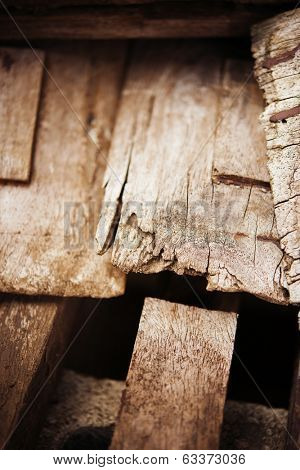 Old and deteriorating wood panels of old house. abstract macro