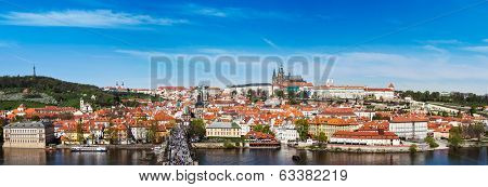 Panorama of Prague: Mala Strana,  Charles bridge and Prague castle from Old Town bridge tower over Vltava river. Prague, Czech Republic