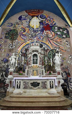 DOBROTA, MONTENEGRO - JUNE 09, 2012: Altar in Catholic Church Saint Eustache in Dobrota, Montenegro, on June 09, 2012