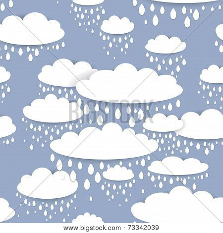 Seamless Pattern With White Clouds And Raindrops On A Blue Background