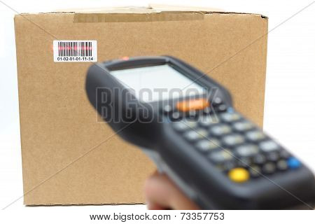 Woman Hold Scanner And Scans Barcode With Laser