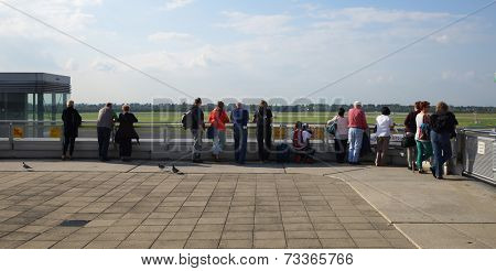 DUSSELDORF - SEP 16: passengers on the roof of airport on September 16, 2014 in Dusseldorf, Germany. International airport of Dusseldorf located approximately 7 kilometres north of downtown Dusseldorf