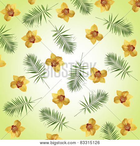 Orchid flowers and palm leaves as wallpaper