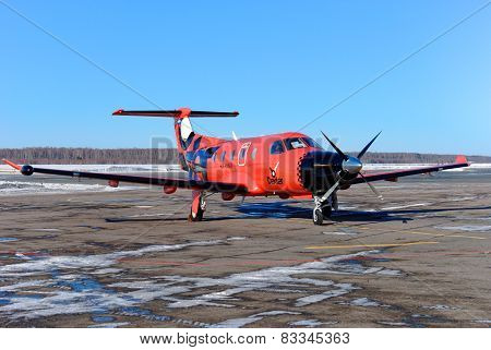 NIZHNY NOVGOROD. RUSSIA. FEBRUARY 17, 2015. Plane Pilatus of Dexter airline