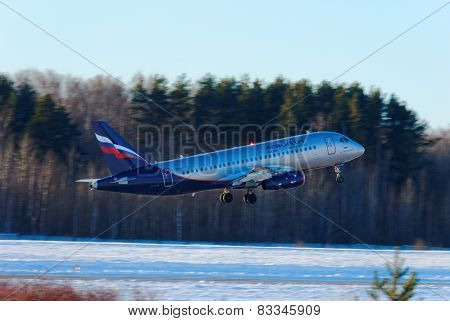 NIZHNY NOVGOROD. RUSSIA. FEBRUARY 17, 2015. SSJ-100 plane of the company Aeroflot